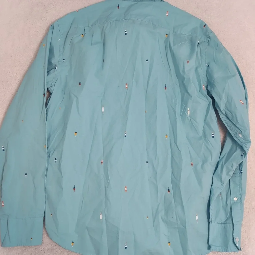 NEW J.Crew Mens Shirt L Slim Fit Buoys Nautical Aqua Blue‎ Long Sleeve Button